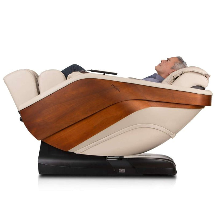 D.Core Stratus-JP Japanese Massage Chair in cream fully reclined position.