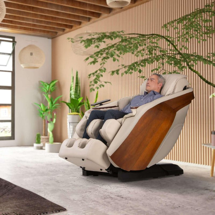 D.Core Stratus-JP Japanese Massage Chair in Cream with man relaxing.